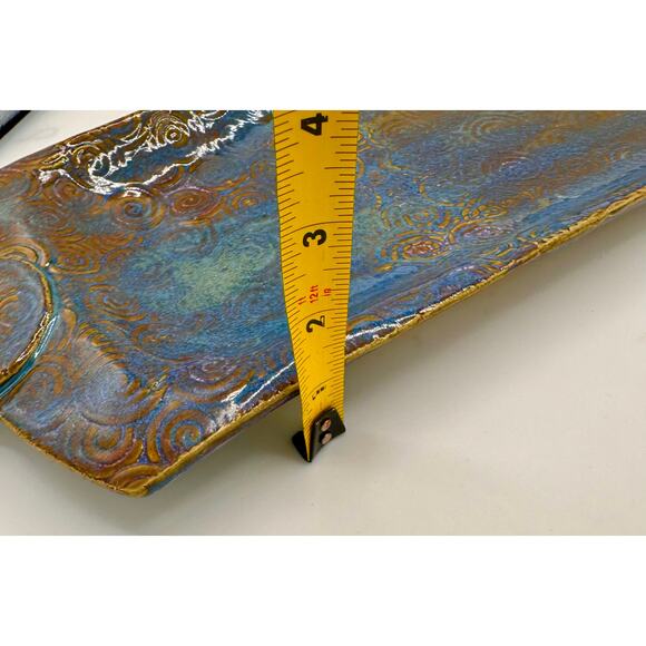 Handmade Raku-Style Ceramic Platter — Iridescent Blue & Copper Swirl Pattern - Picture 10 of 12